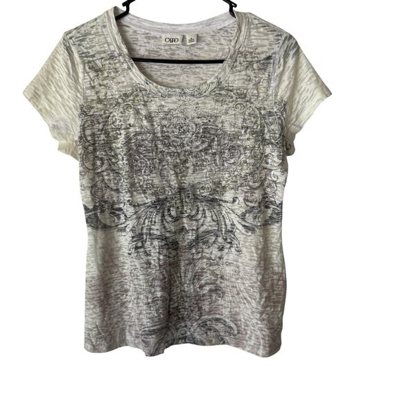 Cato Y2k Tuscan Large White Gray Short‎ Sleeve Rhinestone Scroll Print Top - Picture 1 of 8